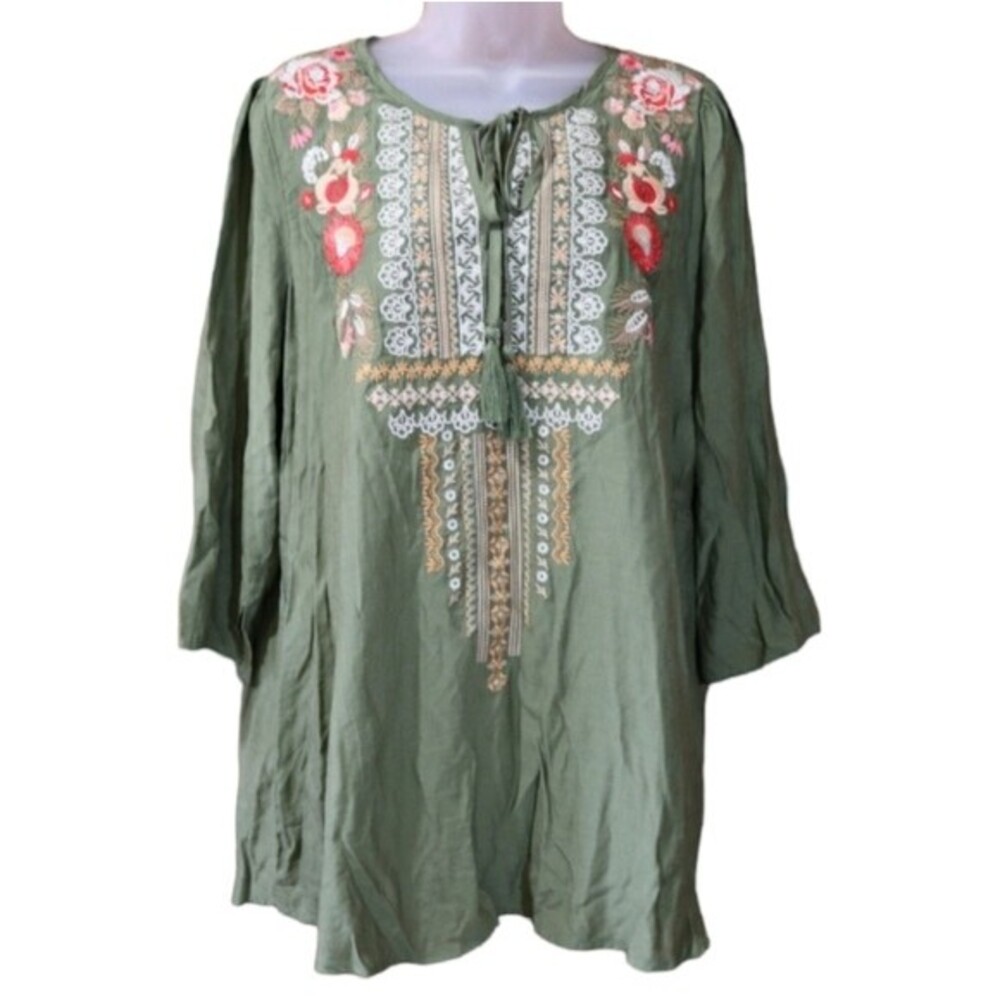 Andree by Unit Beautiful Olive Green Floral Embroidered Tunic Top Cottagecore LG